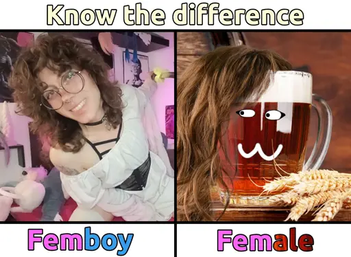Know the difference. Chris the Femboy on the left with a text under him saying "Femboy". A picture of an ale with hair, eyes and the :3 face is on the right, looking at him with a text saying "FemAle".