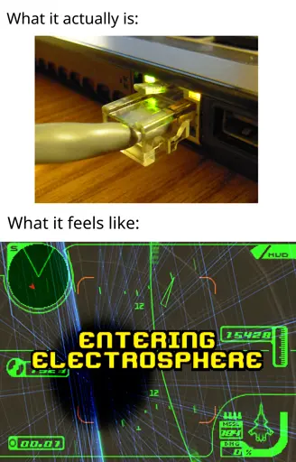 What it actually is: (picture of Ethernet cable connected to a computer) What it feels like: (screenshot of Ace Combat 3, saying "ENTERING ELECTROSPHERE")