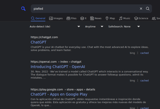Search result from Searx Belgium for "Piefed" that instead shows multiple results for ChatGPT, with one of them appearing to be in Spanish.