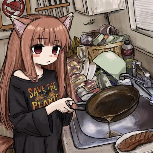 The picture shows a cat girl in a messy apartment pouring oil straight into the sink after having just made steak.
