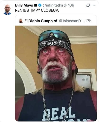 Tweet with text "Ren & Stimpy Closeup:" with picture of Hulk Hogan looking quite old and rundown.