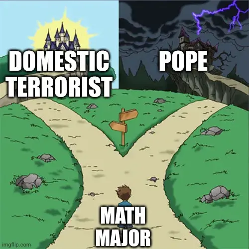 The image is from a meme template that has a boy in a path that takes two forks, one takes to a bright happy castle and the other takes to a dark scary castle. The boy has the label "Math Majors" on him, the bright castle has the label "Domestic Terrorist" and the dark castle has the label "Pope". This is a reference to the fact that the new pope is a math major and so was the Unabomber.