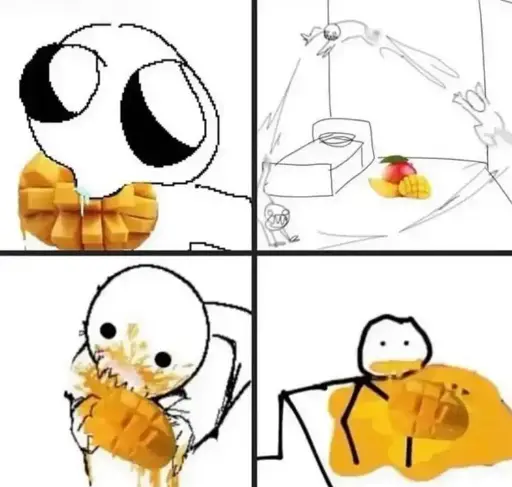 ms paint drawings of people viscously eating mango.