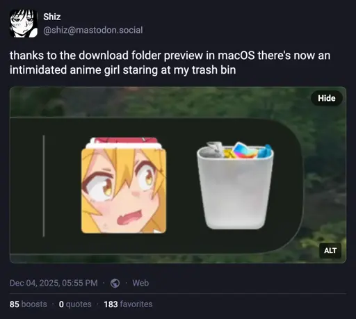 Shiz @shiz@mastodon.social thanks to the download folder preview in macOS there's now an intimidated anime girl staring at my trash bin  Dec 04, 2025, 05:55 PM • 85 boosts• 0 quotes • 183 favorites